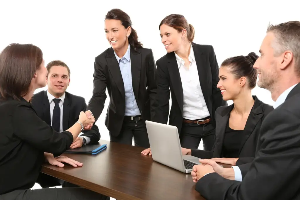 Two professionals shaking hands in a meeting